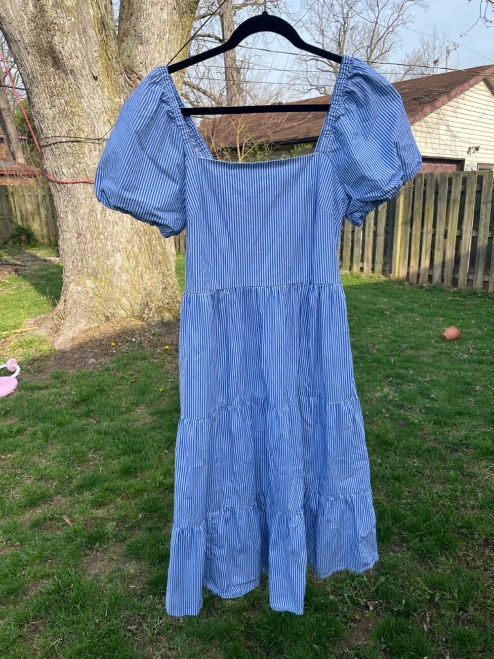 J crew size 10  Blue Stripe Puff-Sleeve Tiered Midi Dress cotton